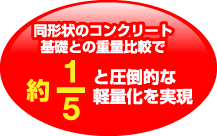 同形状のコンクリート 基礎との重量⽐較で約１／５と圧倒的な軽量化 を実現